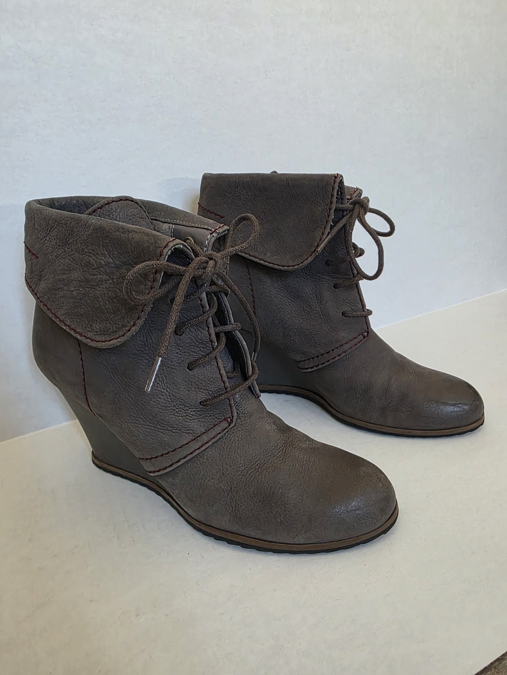 Tesori Fold-Over Lace-Up Wedge Ankle Boots - Grayish